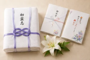 初盆返礼品ののし紙とタオルギフトのイメージ