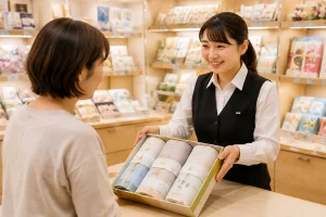 初盆返礼品について専門スタッフがお客様へご案内している接客風景