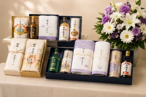 初盆返礼品として人気の食品・タオル・調味料などをまとめて紹介したギフトイメージ
